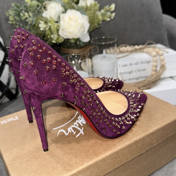 CHRISTIAN LOUBOUTIN Suede Velour Studded Spike Pumps 36 6 100 High Heels Merlot - Picture 6 of 10